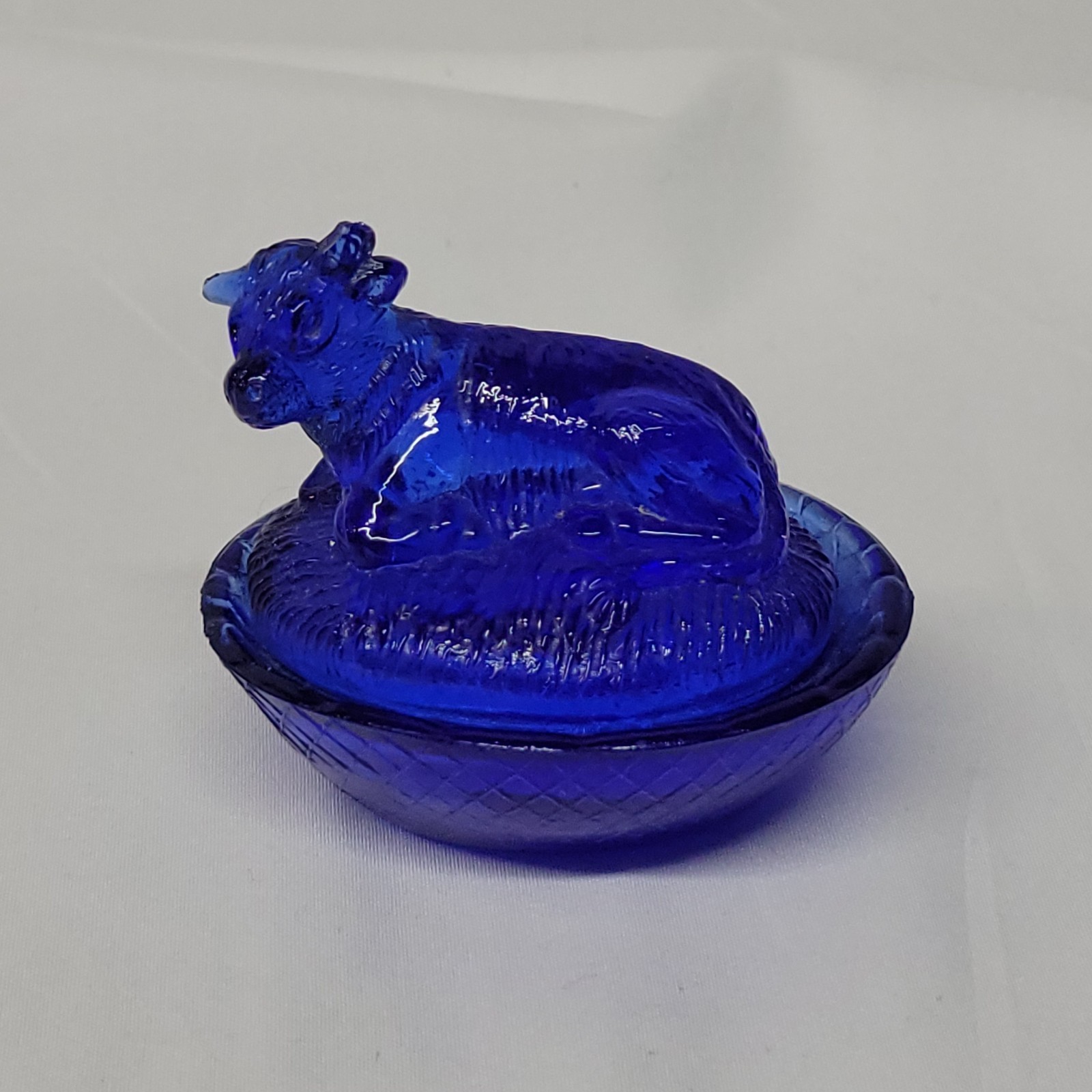 Cobalt Blue Pressed Glass Mini Cow Steer Nesting Salt Cellar Dish CHIPPED Cobalt Blue Pressed Glass Mini Cow Steer Nesting Salt Cellar Dish CHIPPED