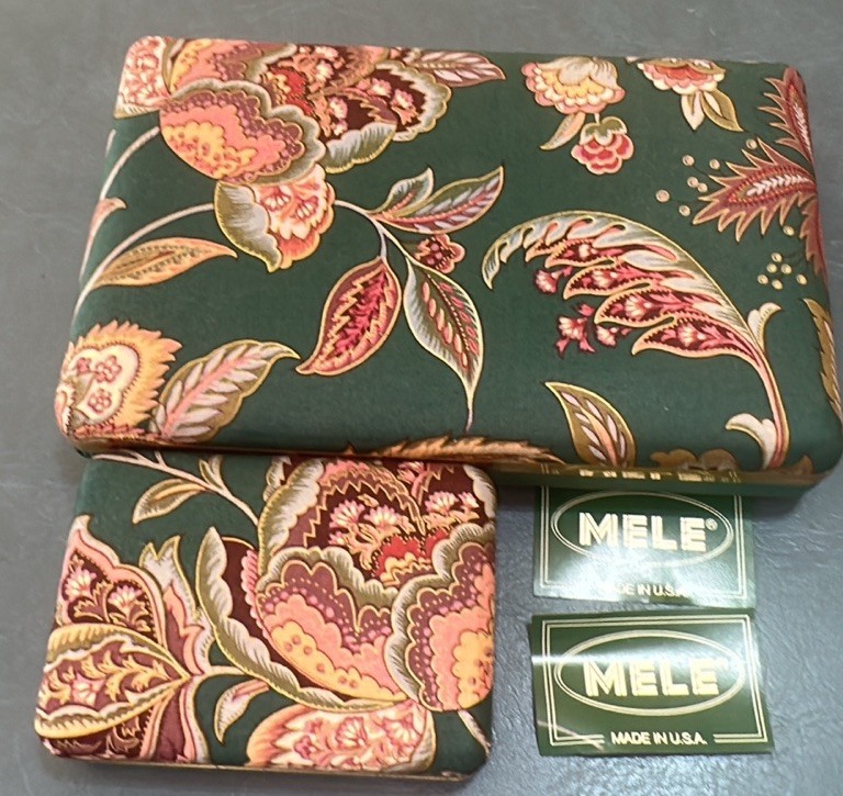 Vtg Mele Green W/Floral Chintz Fabric Jewelry Boxes W/Makeup Mirror Inside-NOS