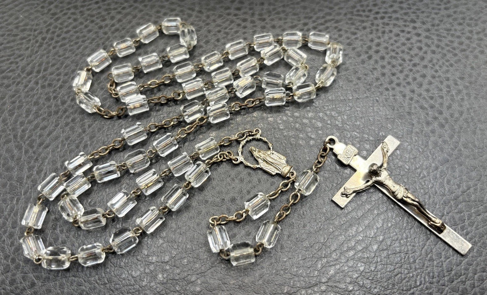 VTG Catholic Rosary Necklace Glass  Cut Crystal Beads Cross Crucifix Silver Tone