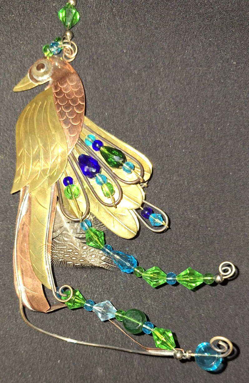 NWT VTG CHICO\'S JEWELED PEACOCK COPPER BRASS BEADS & FEATHER CHRISTMAS ORNAMENT