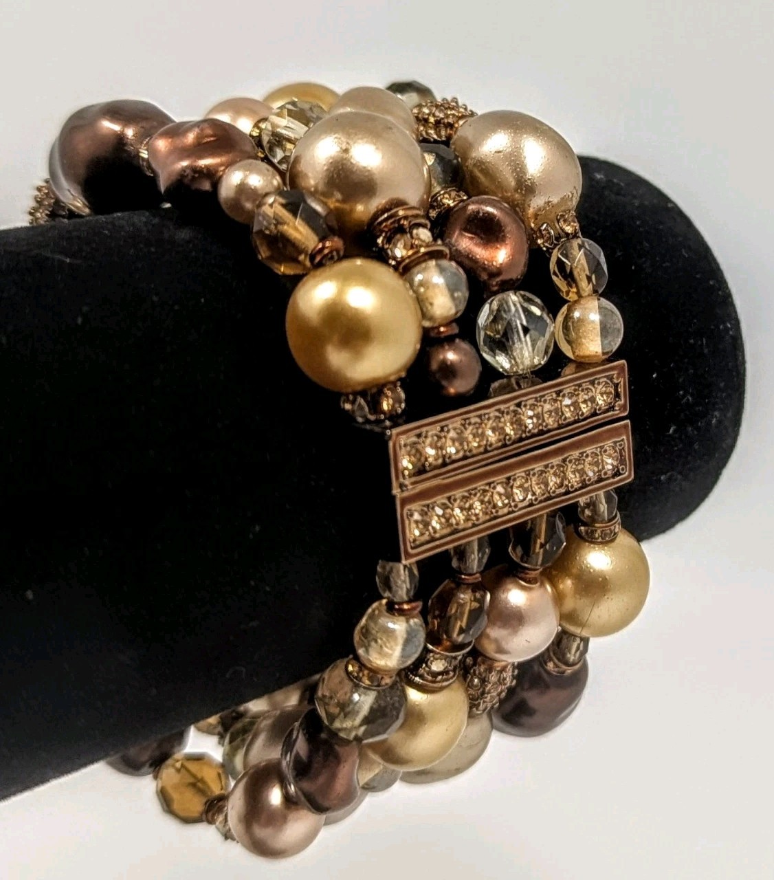 Faux Pearl Rhinestone Crystal Gold Tone Multi Strand Vintage Bracelet 8 Faux Pearl Rhinestone Crystal Gold Tone Multi Strand Vintage Bracelet 8