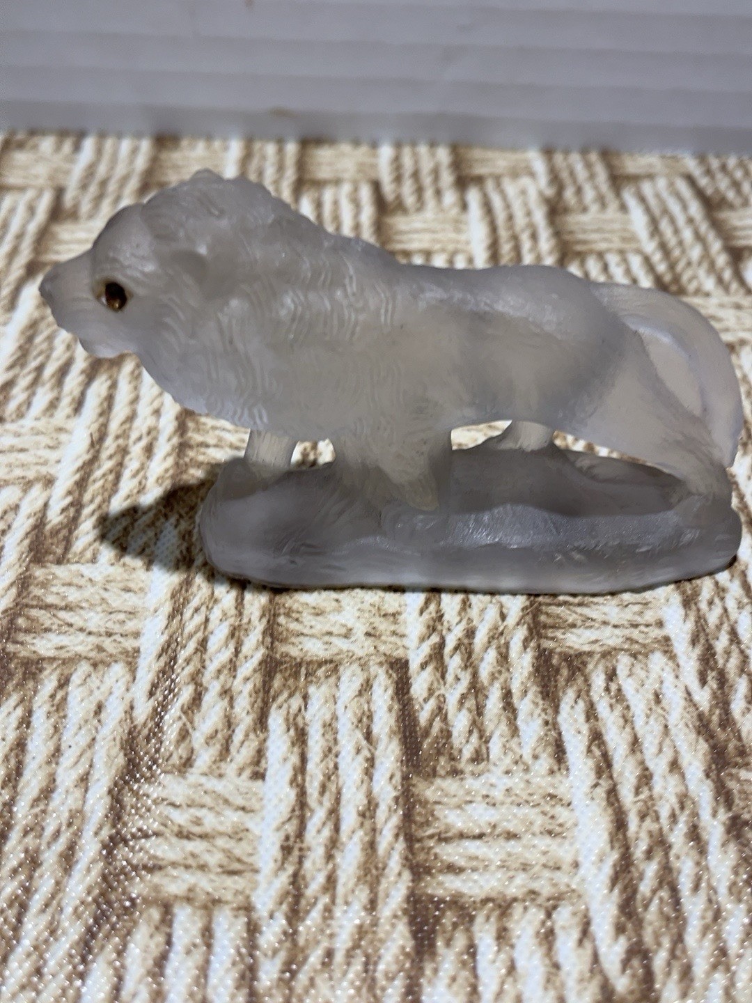 Vintage Czech Style Crackerjack Lion Figurine Frosted Glass Rhinestone Eyes 3.5”