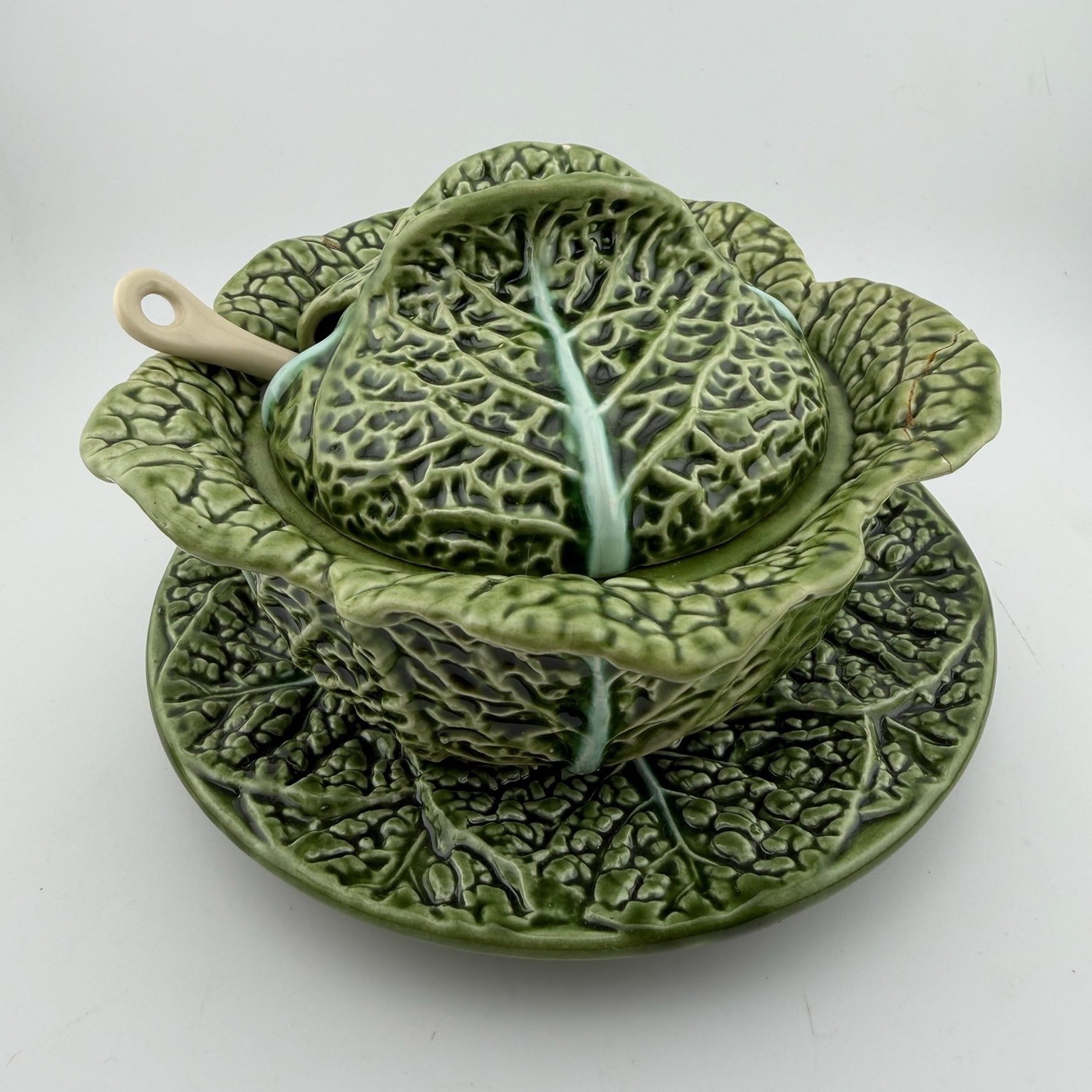 Costa Pereira Cabbage Leaf Tureen Set OS Green Majolica Portugal Vintage