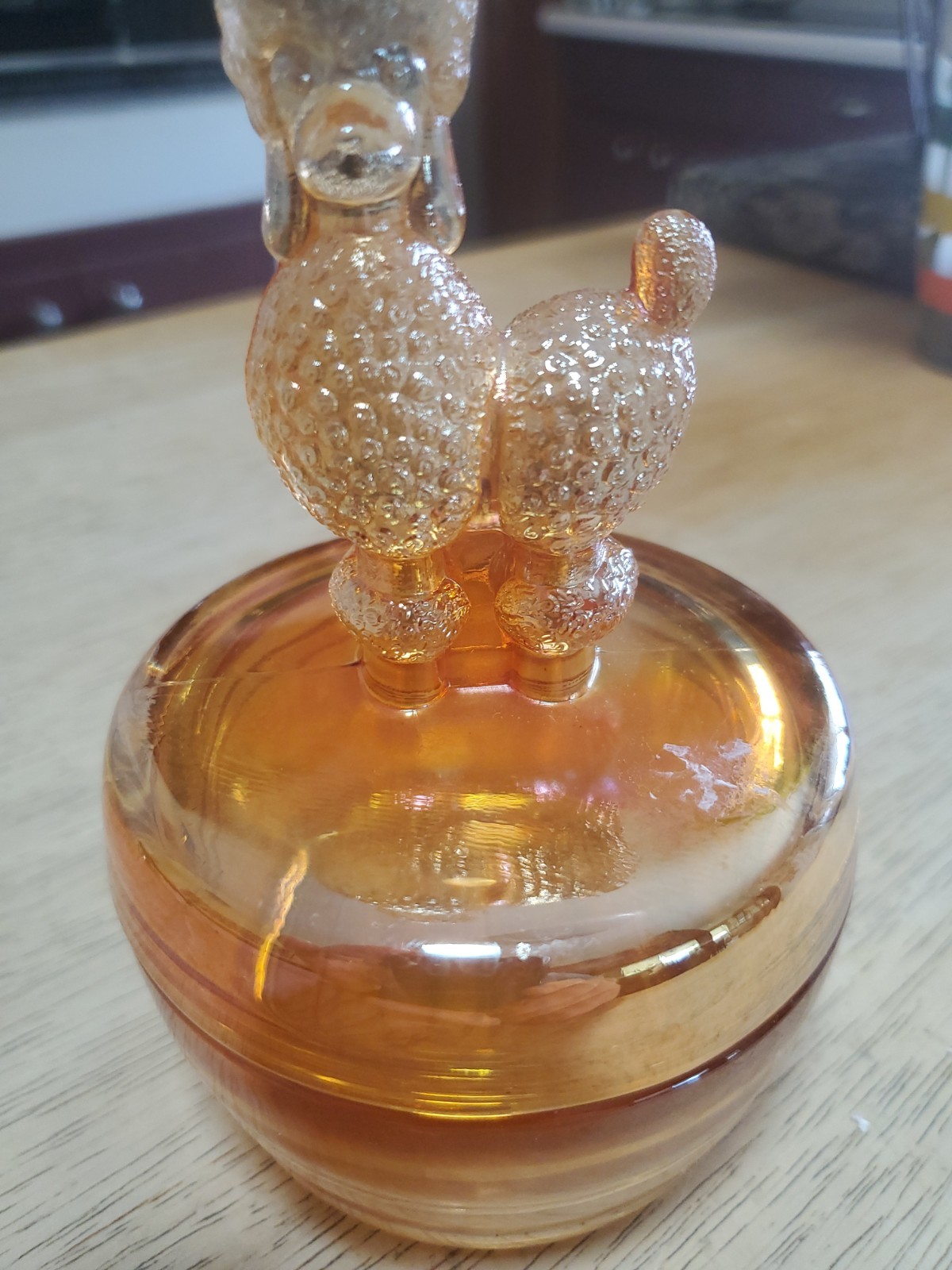 Vintage Orange Iridescent Glass Powder Box Or Jar Poodle Figure On Lid