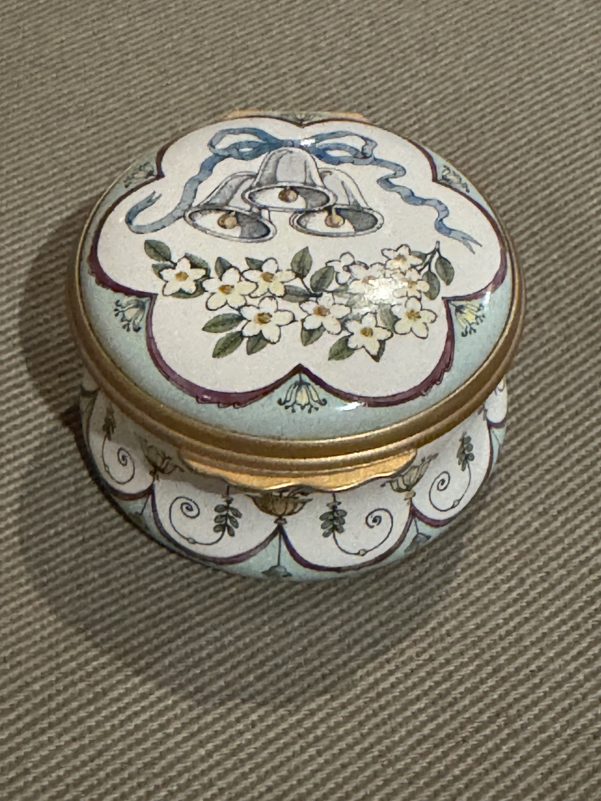 Vintage 1980’s Halcyon Days “Wedding Bells” Enamel Pill Trinket Box & Hinged Lid