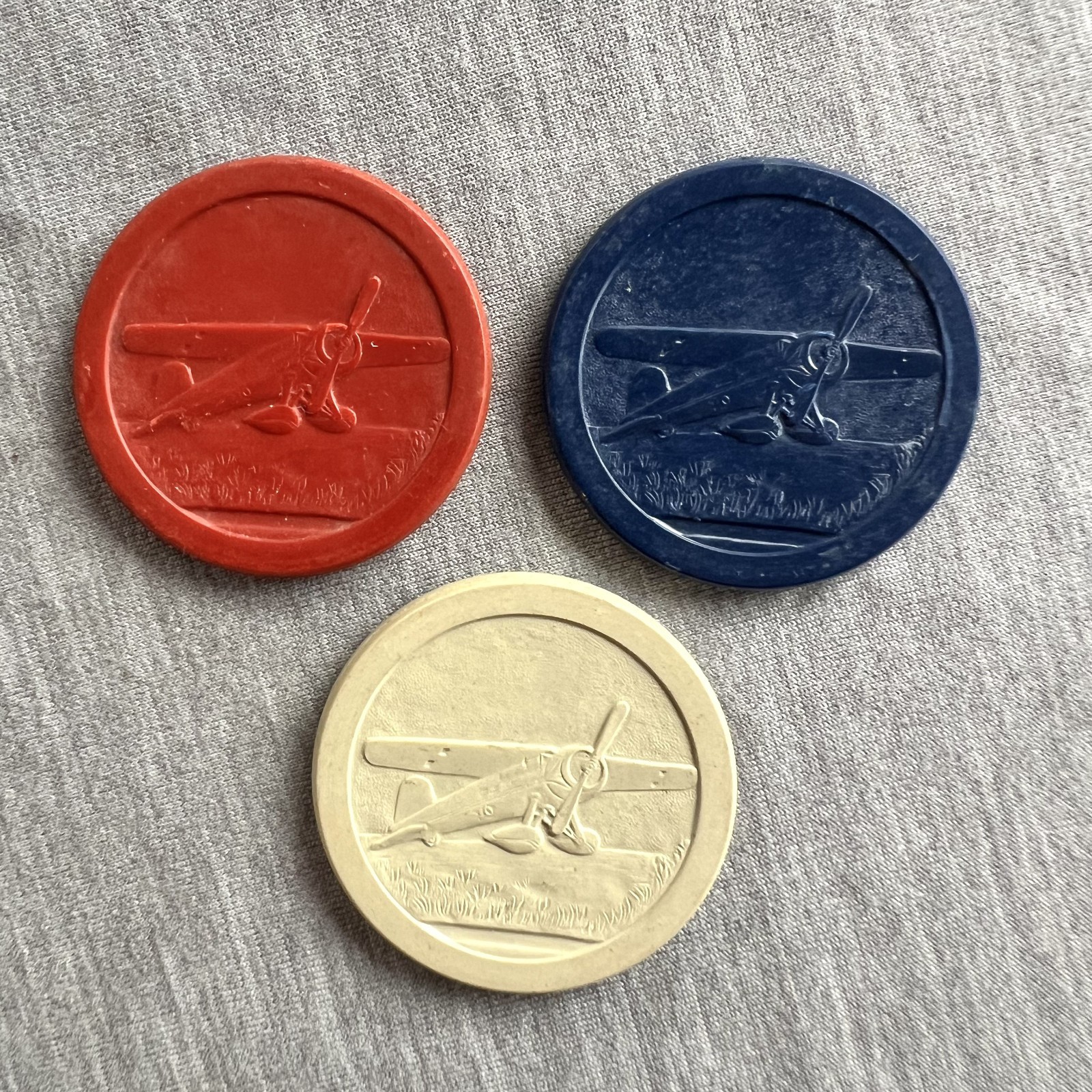 1930s Vintage Clay Poker Chips Embossed with Historic Monocoupe Airplane