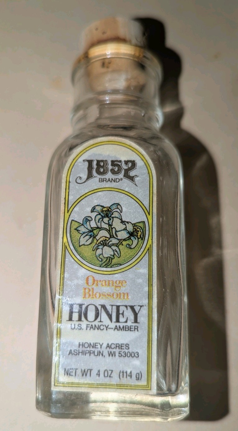 Vtg. 1852 Empty Honey Acres 4 Oz Jar Embossed On Bottom & 1 Side~Has Cork