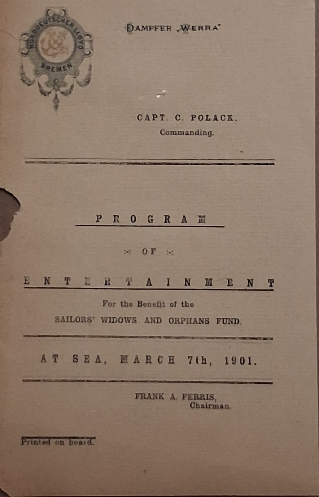 1901 Norddeutscher Lloyd DAMPFER WERRA Program Of Entertainment AT SEA