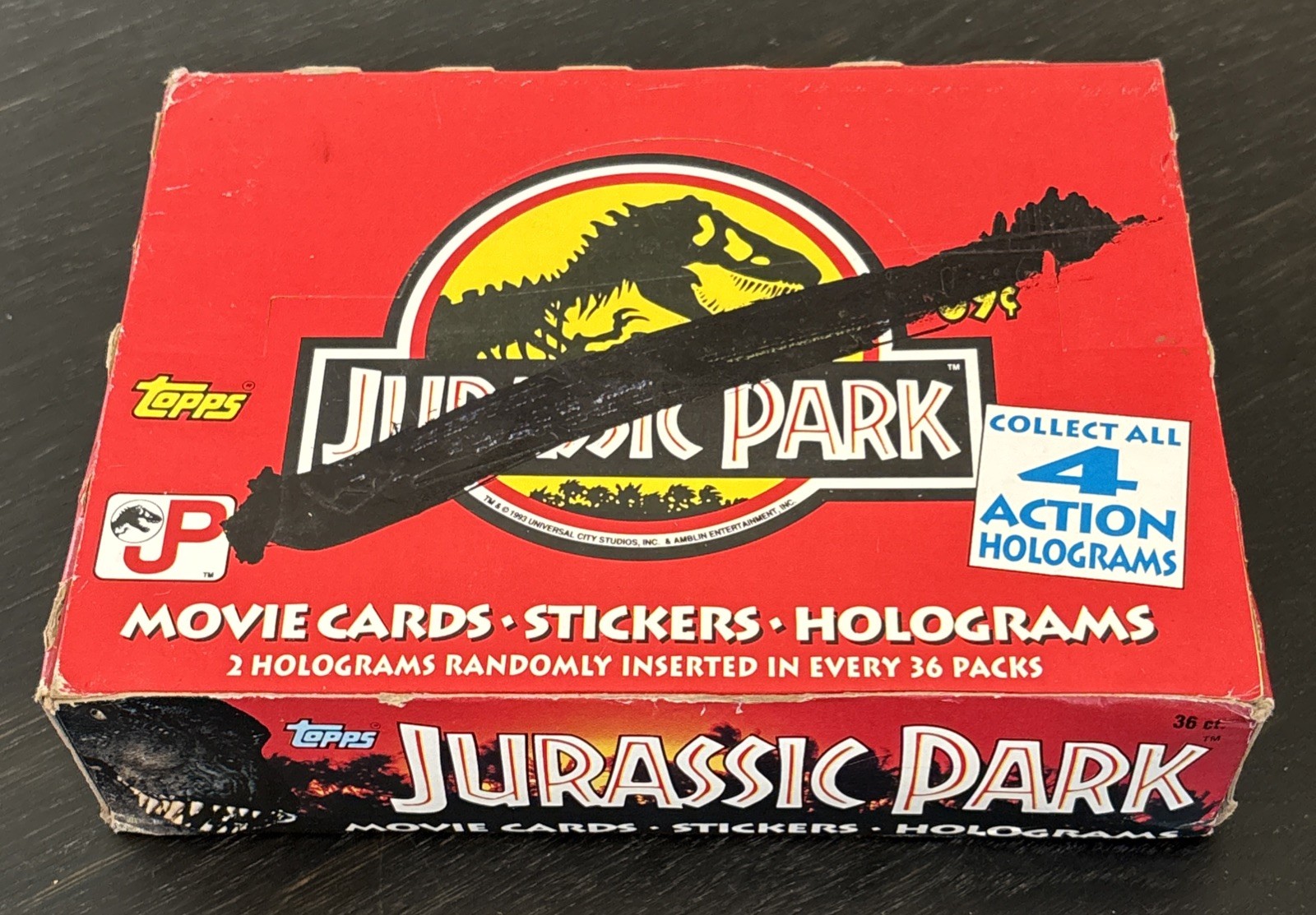 1992 Topps Jurassic Park movie trading card box, 36 Sealed wax packs