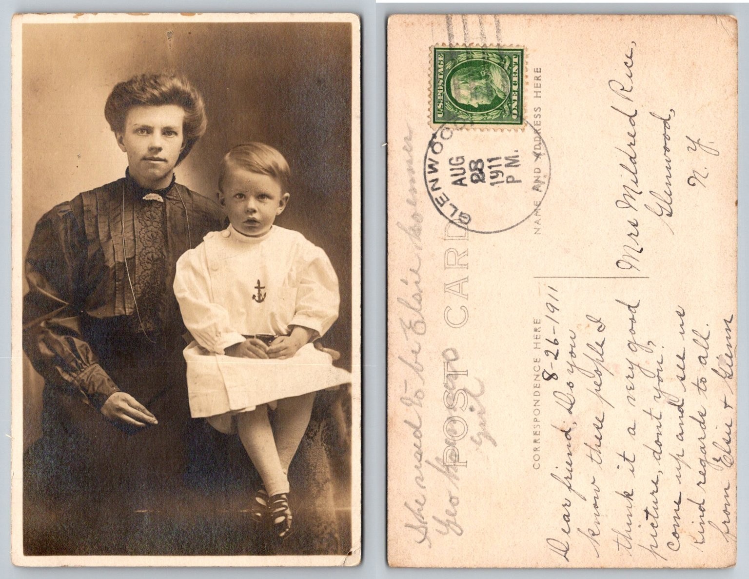 RPPC Glenwood NY 1911 Mother Son Portrait Sailor Outfit Postcard Genealogy