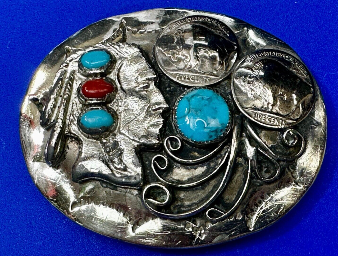 Native Indian Chief Head Buffalo Nickel Turquoise & Coral Stone Vtg Belt Buckle