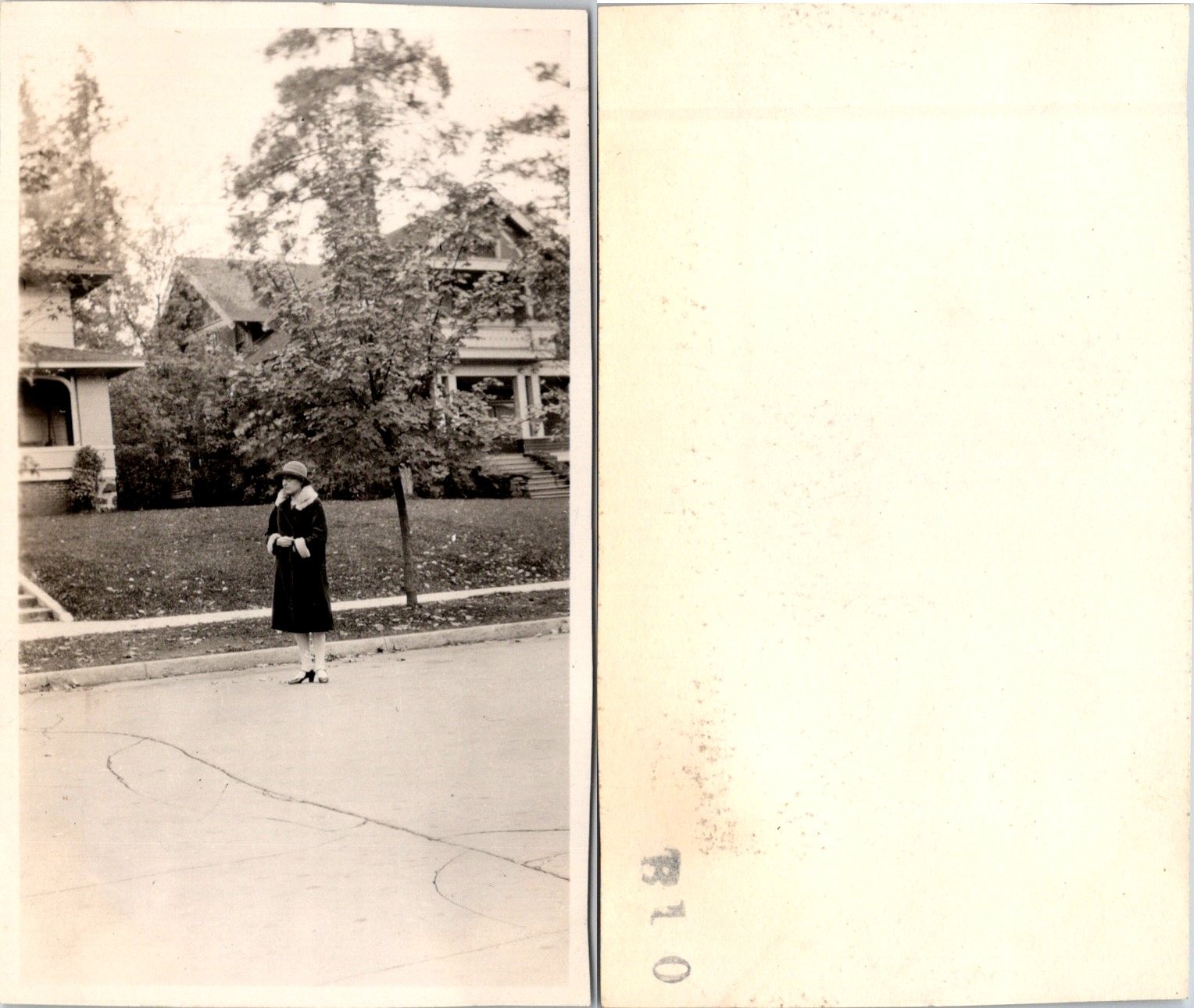 1920s Well dressed Woman in Fur Coat on Street front of Home B+W Photo S0043