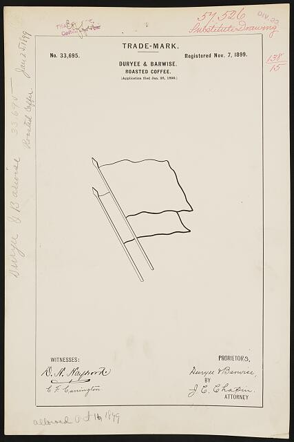 Photo:Duryee Barwise 1899 Two Flags Logo Roasted Coffee Trade Mark
