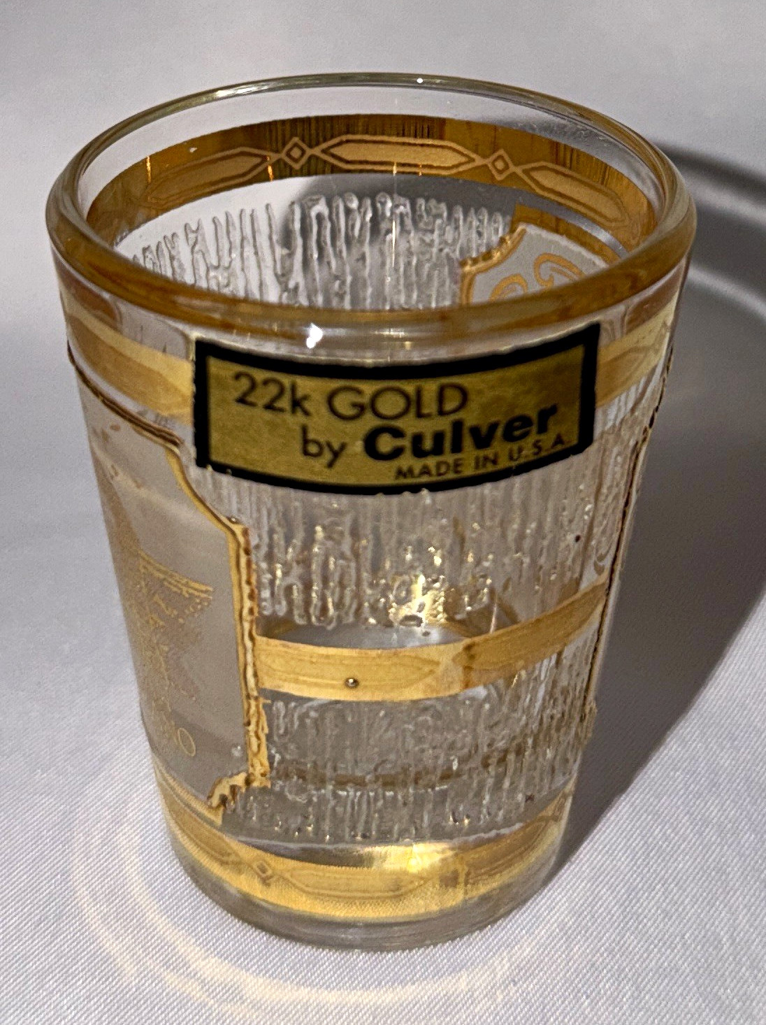 Vintage Culver 22k Gold Decorated Clear Glass Shot Glass Round Made in USA
