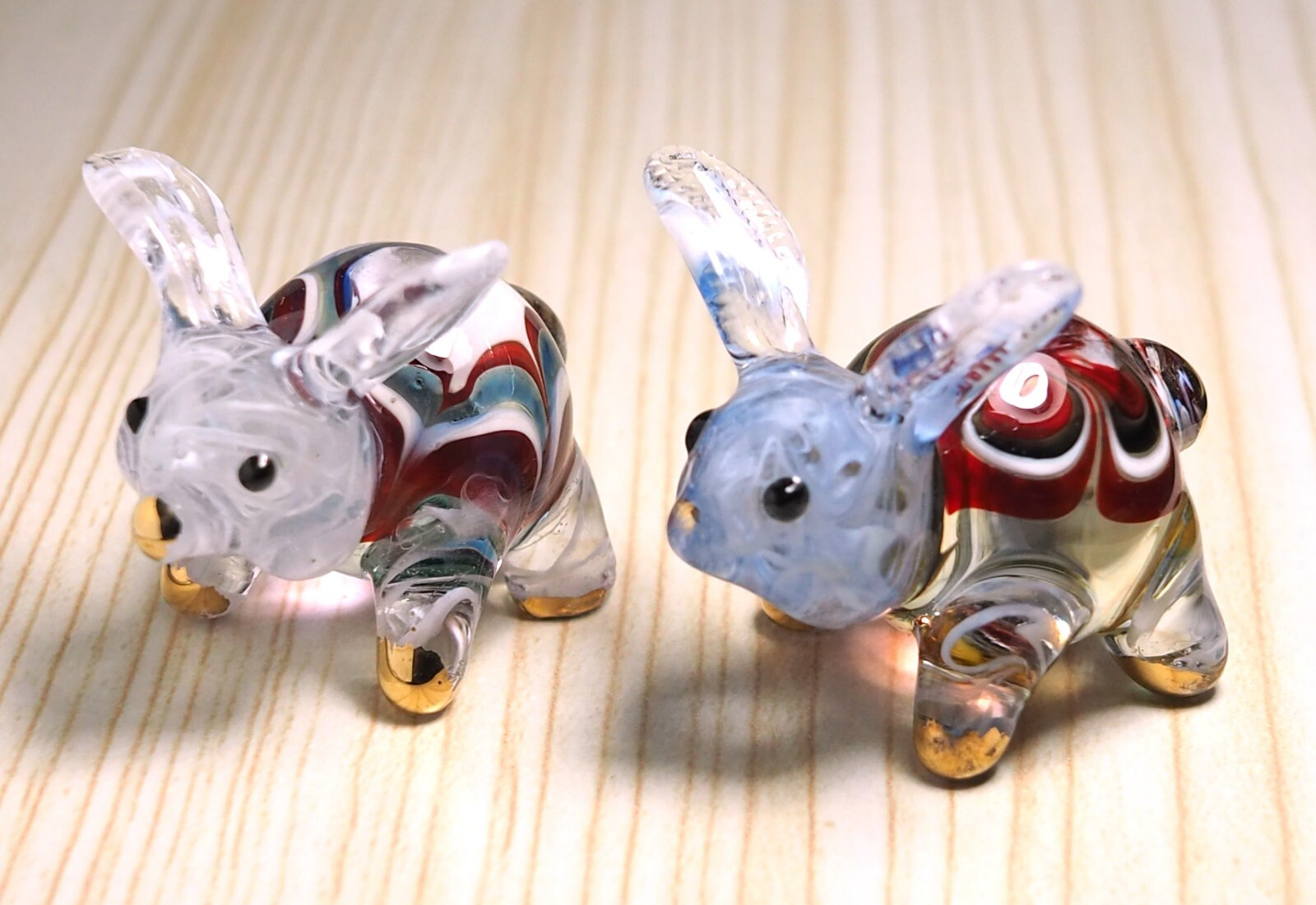 2pcs. maroon rabbit bunny figurine hand blown Glass art gild  GIFT decor - cute
