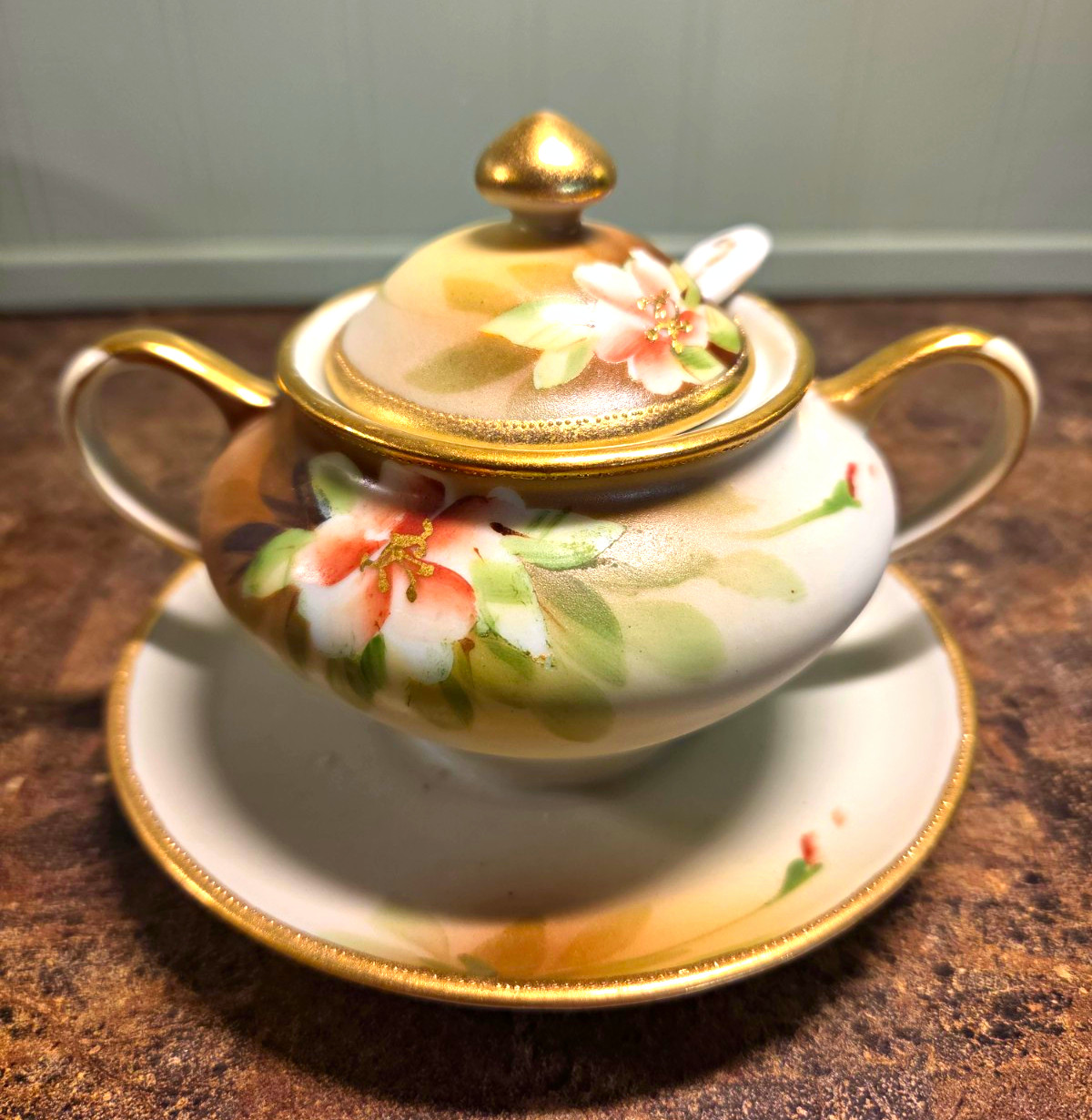 Antique 1911-21 Nippon Azalea Condiment/Mustard Pot Attached Underplate & Spoon