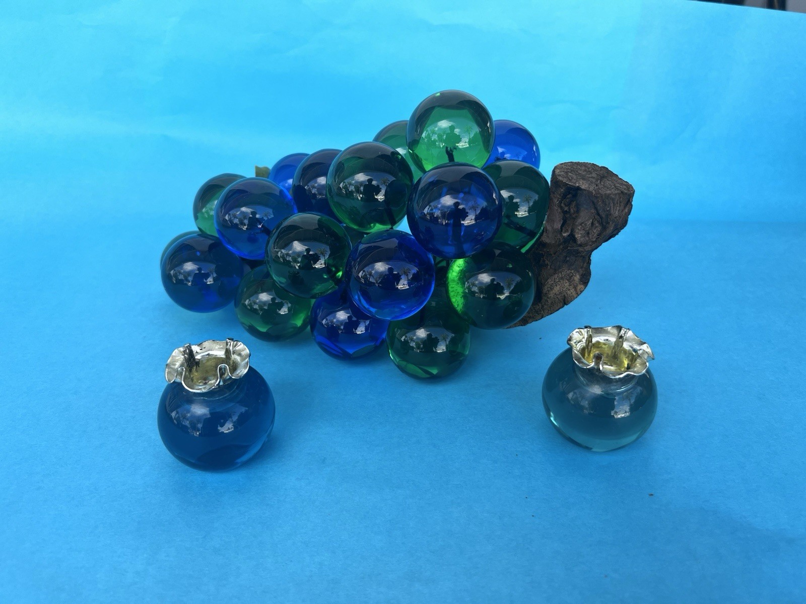 Vintage MCM Mid-Century Lucite Grape Cluster Driftwood Green & Blue 11” Candles
