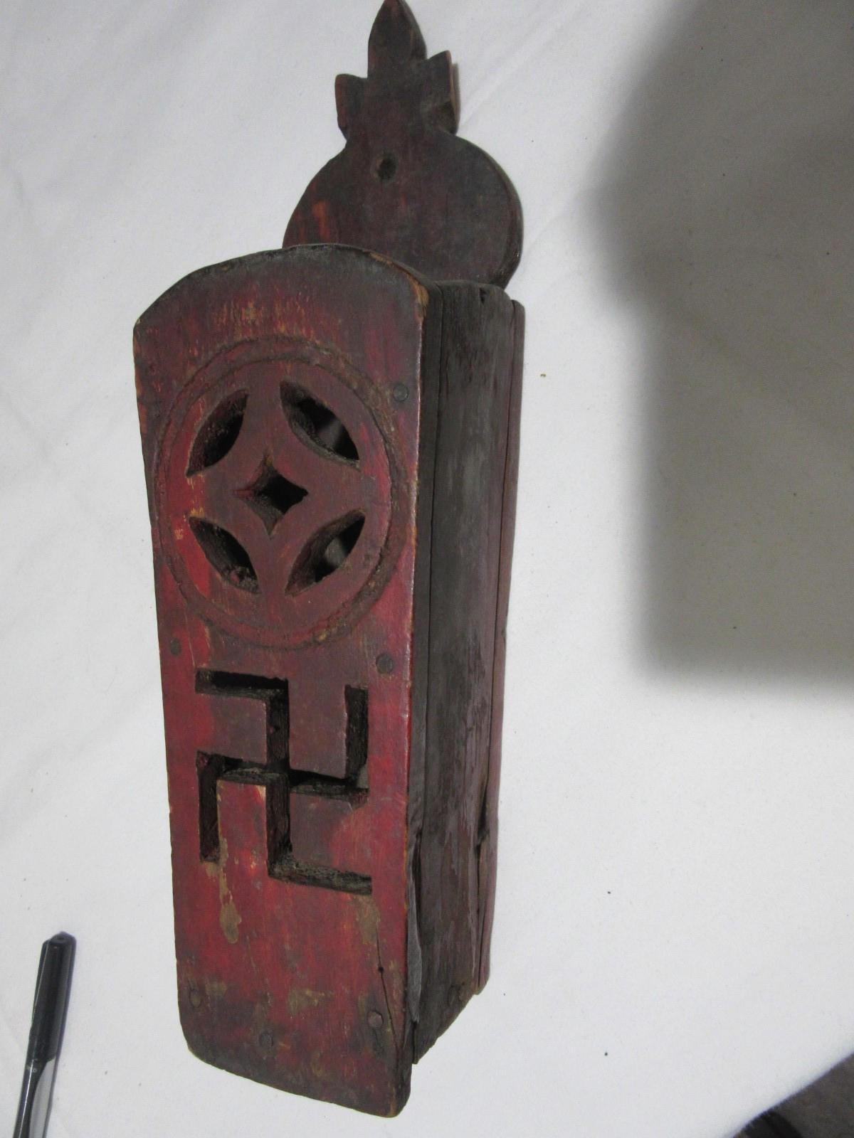 Antique Wood Wall Box hand made with 2 carved symbols age or origin unknown Antique Wood Wall Box hand made with 2 carved symbols age or origin unknown