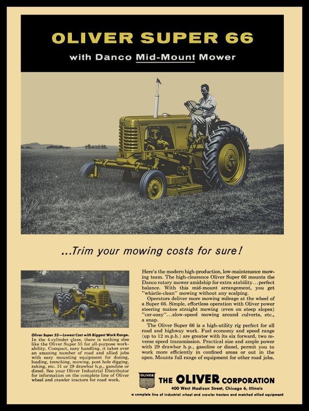 1957 Oliver Super 66 Tractor w. Danco Mower NEW Sign 24x30\