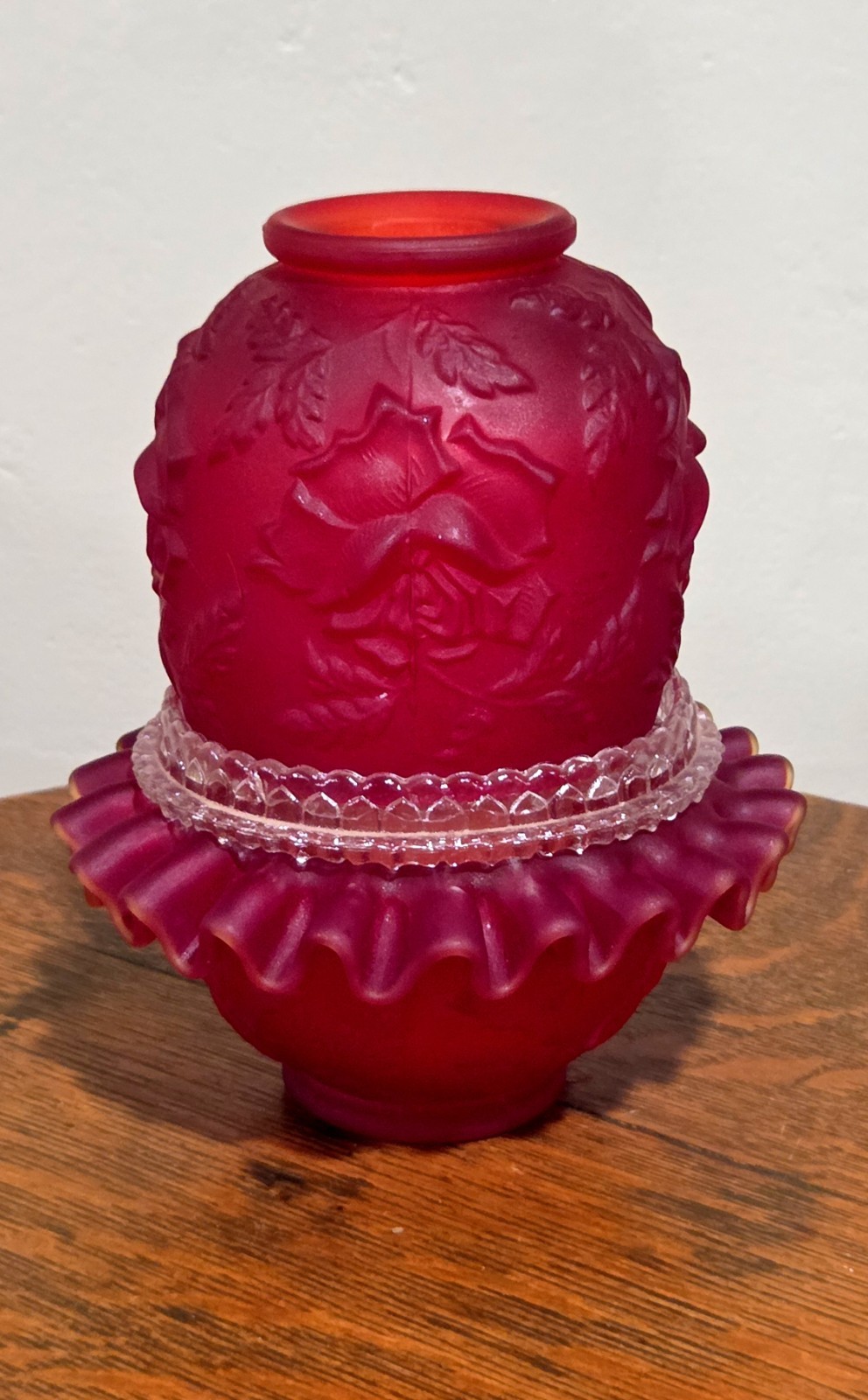 Fenton/LG Wright - Ruby Red Satin 4 Piece Fairy Lamp w/LG Sticker MINT