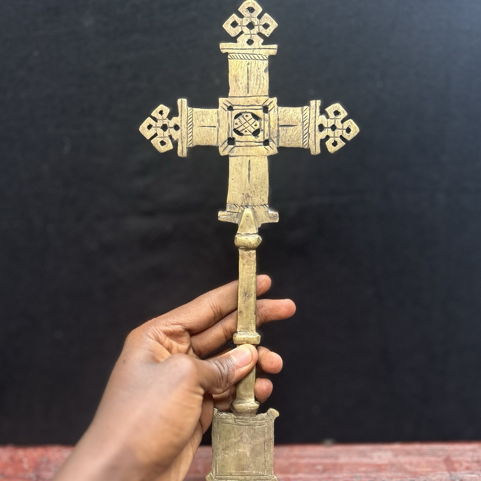 VINTAGE ETHIOPIAN ORTHODOX COPTIC PRIEST HANDHELD CROSS BRASS 11.8” X 5.1”