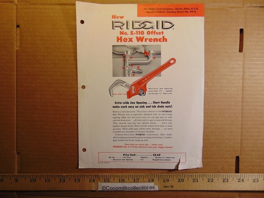 Vintage Ridge Tool Co Ridgid E-110 Offset Hex Wrench Catalog Sheet Elyria Ohio