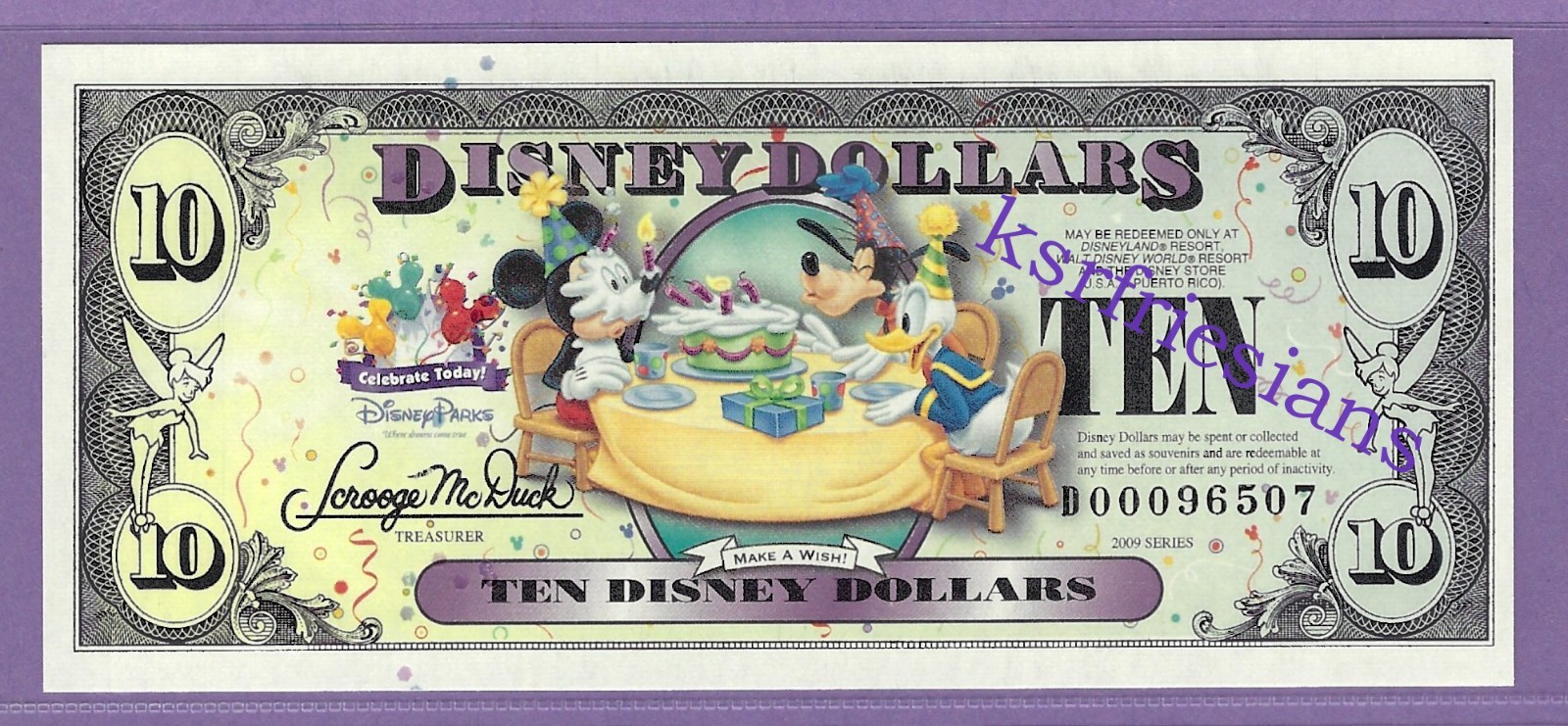 2009 D $10 CELEBRATE TODAY BIRTHDAY PARTY DISNEY WORLD DISNEY DOLLAR D00096507