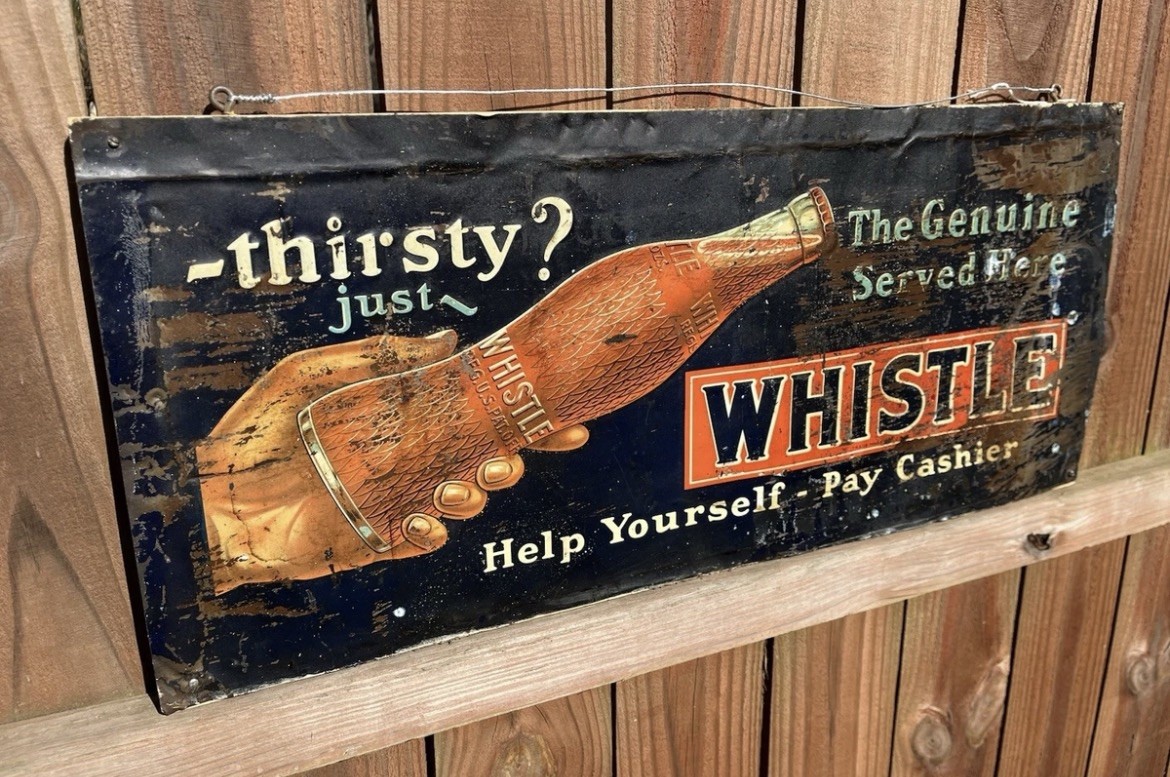 1920s WHISTLE SODA TIN TACKER GRAPHIC BOTTLE  METAL EMBOSSED SIGN 30x13”