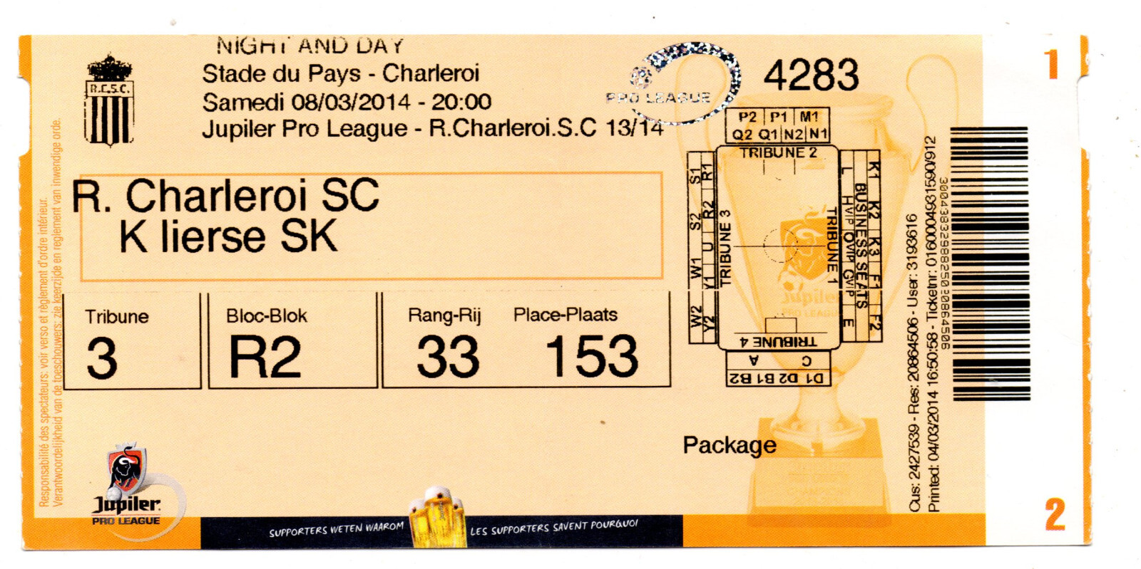 Ticket BEL SC Charleroi v Lierse SK 08.03.2014