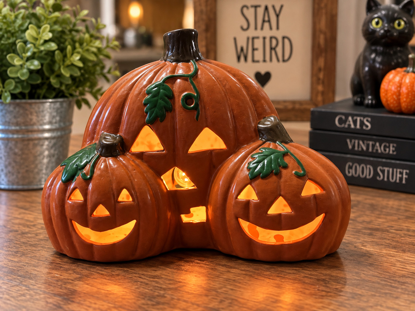 VTG Mid 1990’s Lighted Ceramic Pumpkin Trio Jack O Lantern Fall/Halloween Decor