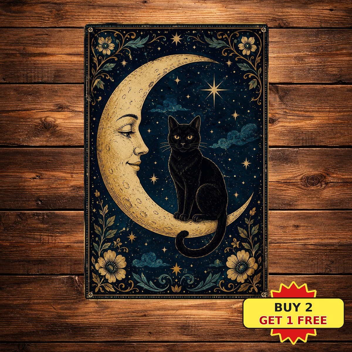 Whimsical Black Cat Moonlit Night Round Faux Frame Art Metal Tin Sign 8x12