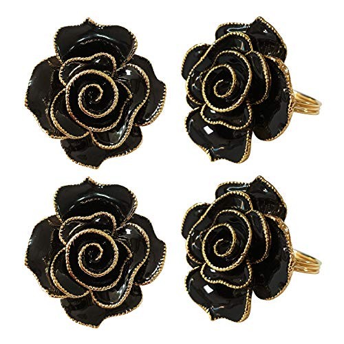 Black Napkin Rings Set of 4,Flower Rose Napkin Holder Rings Black Rose