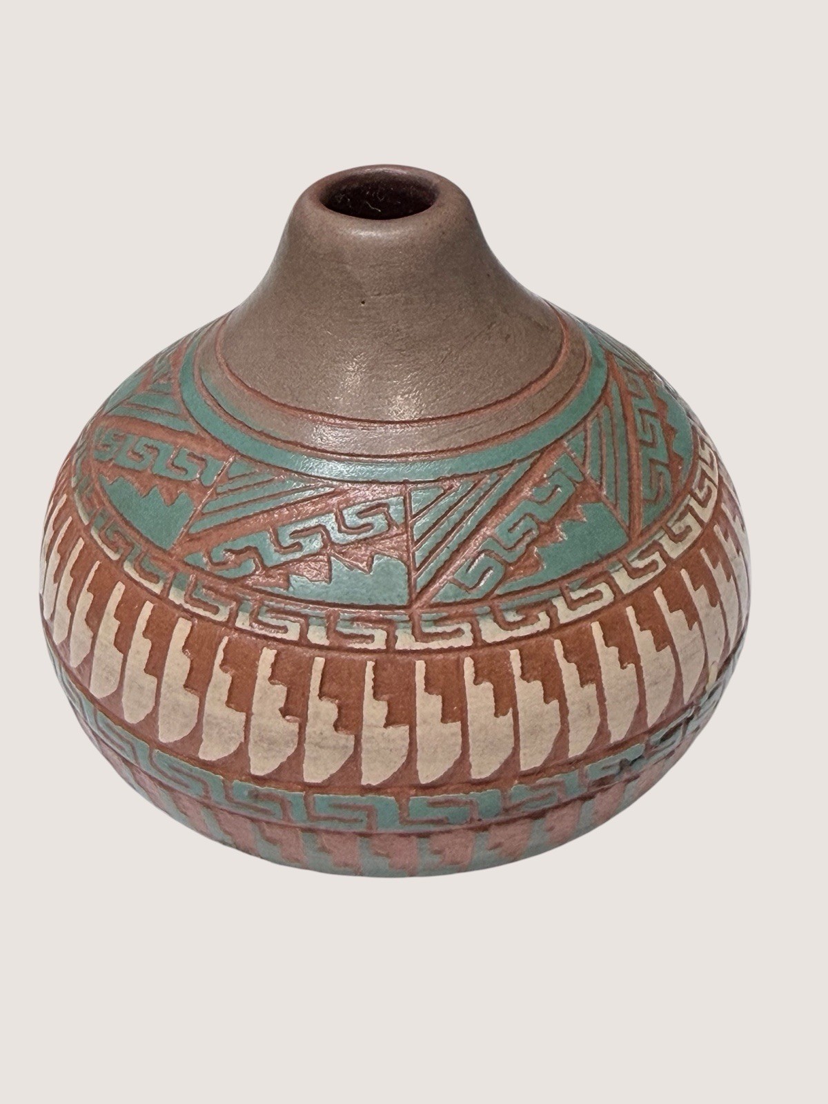 Signed Navajo Art Pottery Vase Frank 97 Turquoise Etched Southwest Vessel ~2.25\