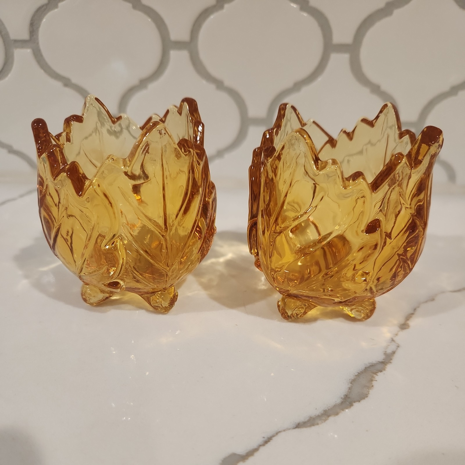 Vintage Party Lite Amber Glass Votive Leaf Candle Holders Set Of 2