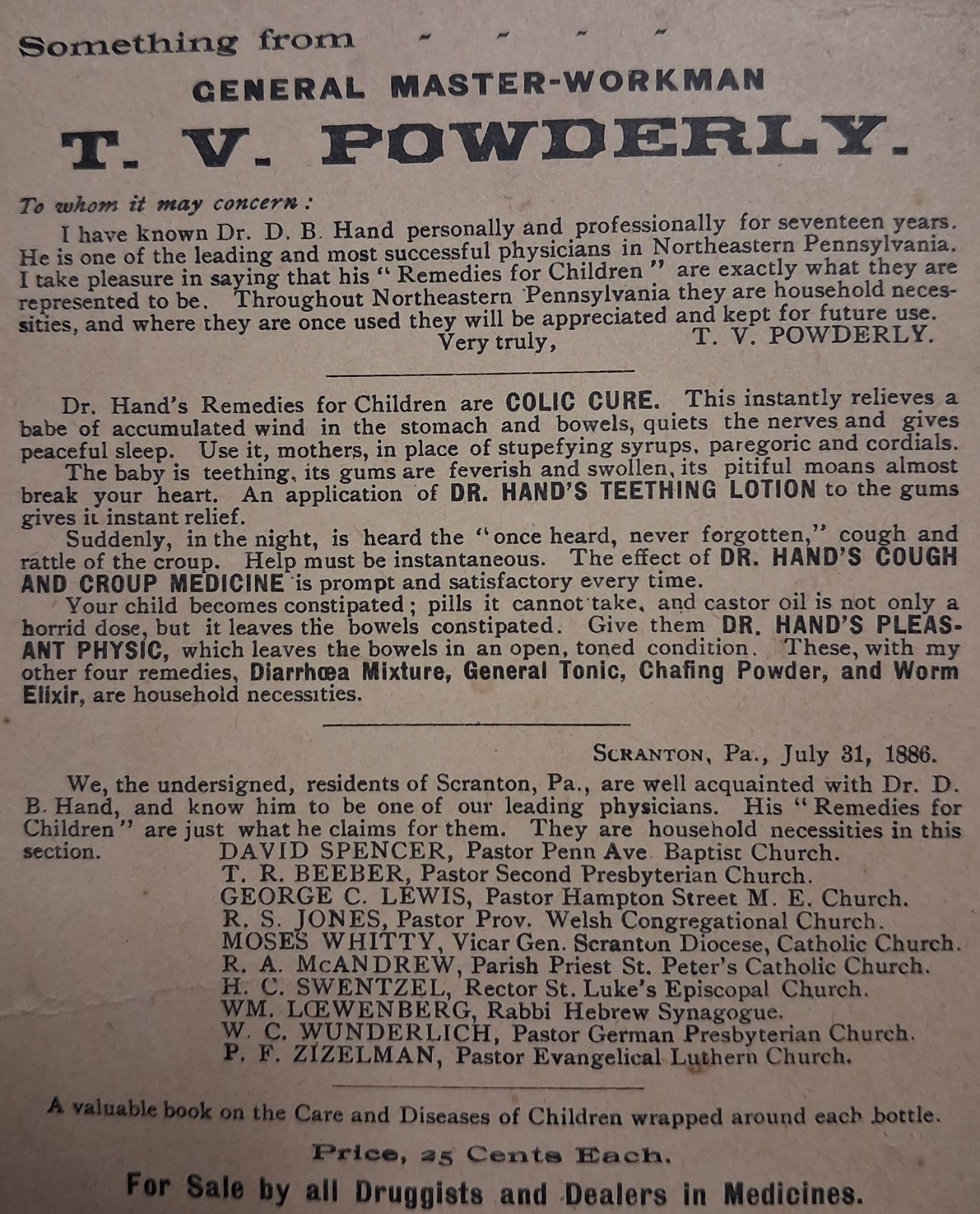 1886 SCRANTON PA Remedy For Children POWDERLY Lackawanna County 4x5