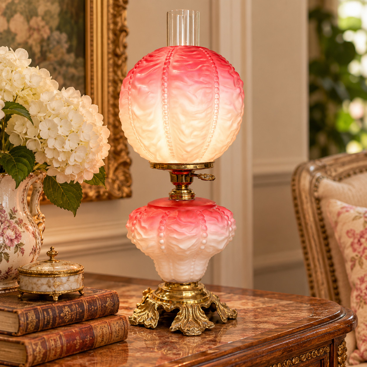 Vintage Pink Gone With the Wind Style Lamp GWTW Satin Glass Beaded Drape 18”