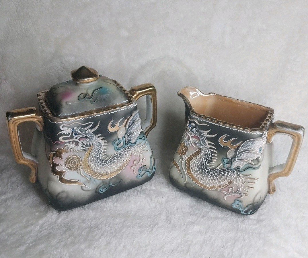 Vintage Moriyama Dragonware Sugar Bowl and Creamer Set  - Handpainted Japan