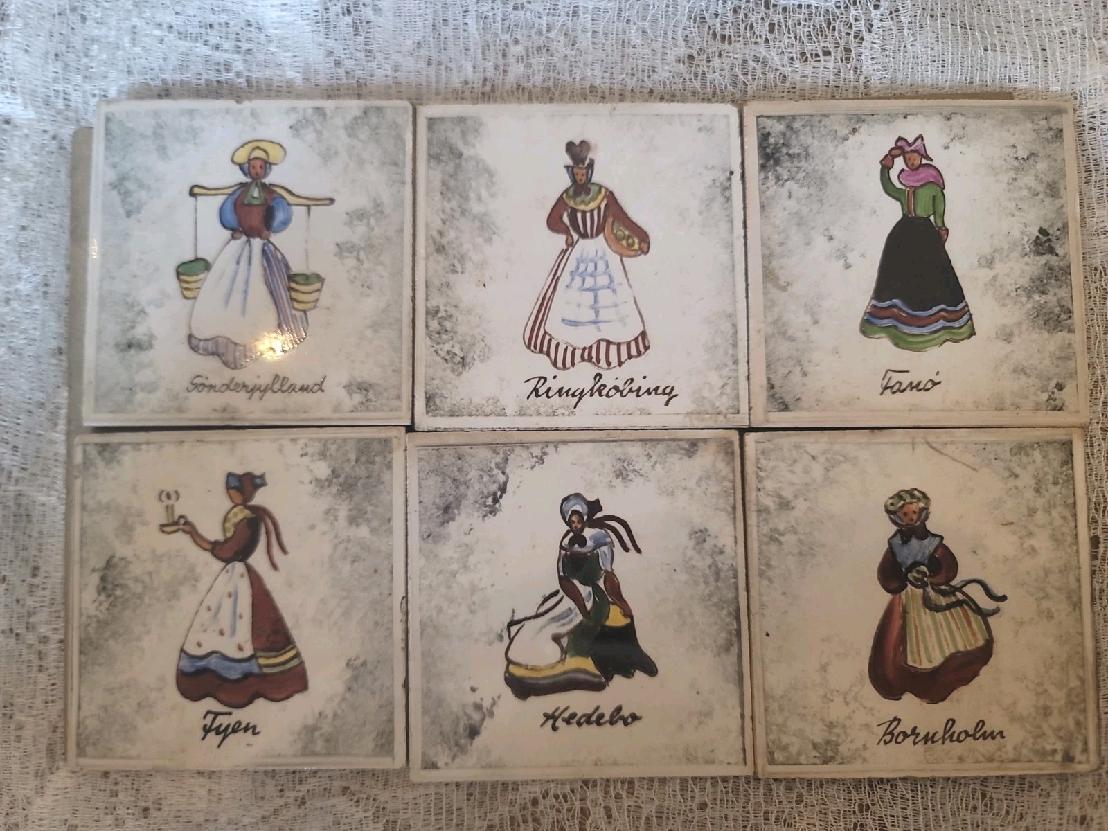 Antique c1920s Boizenburg Germany No 500 Danish Folk Costume Tiles Set of 6