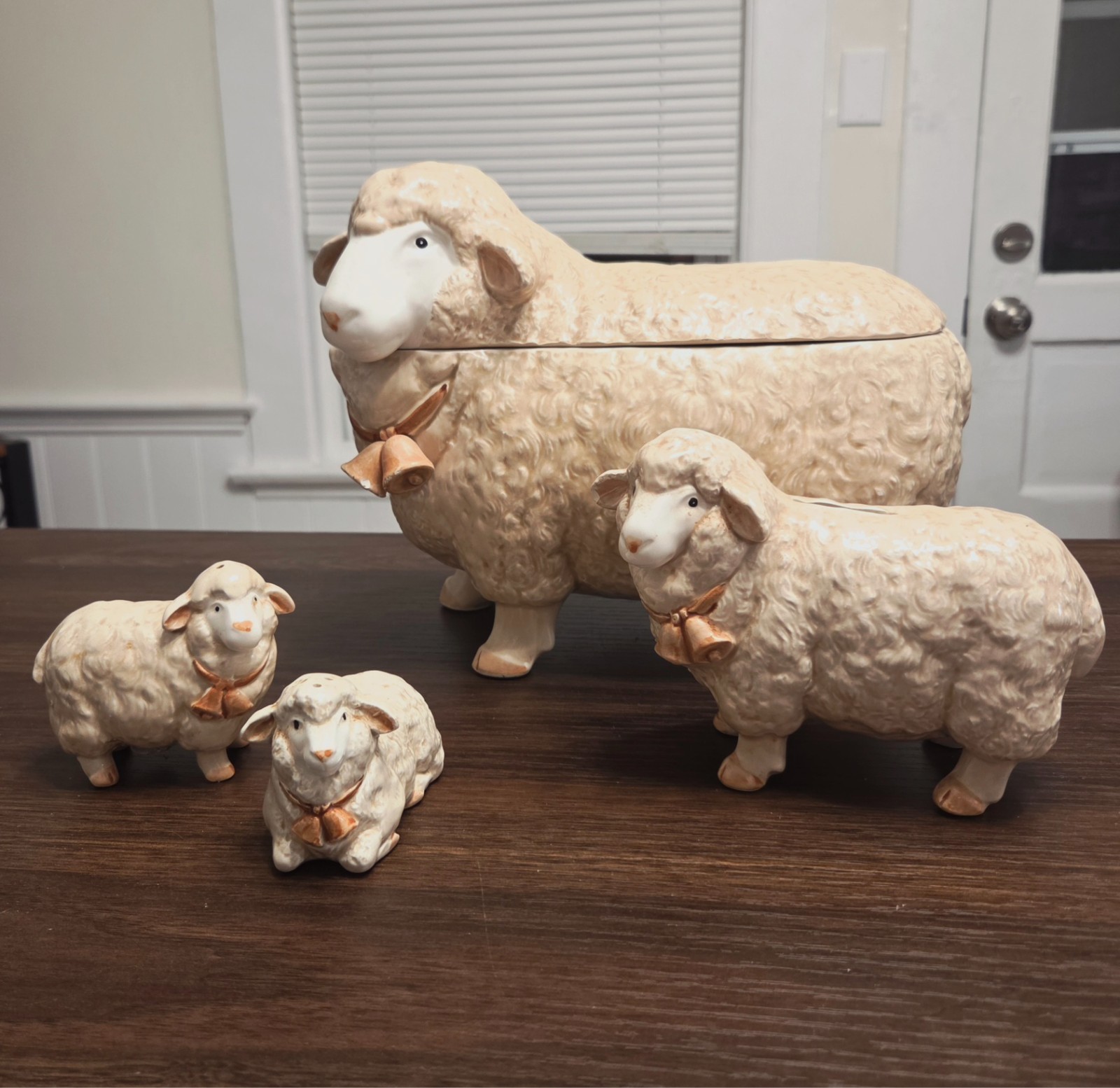Otagiri ceramic figural sheep family Cookie Jar, bank, salt and pepper