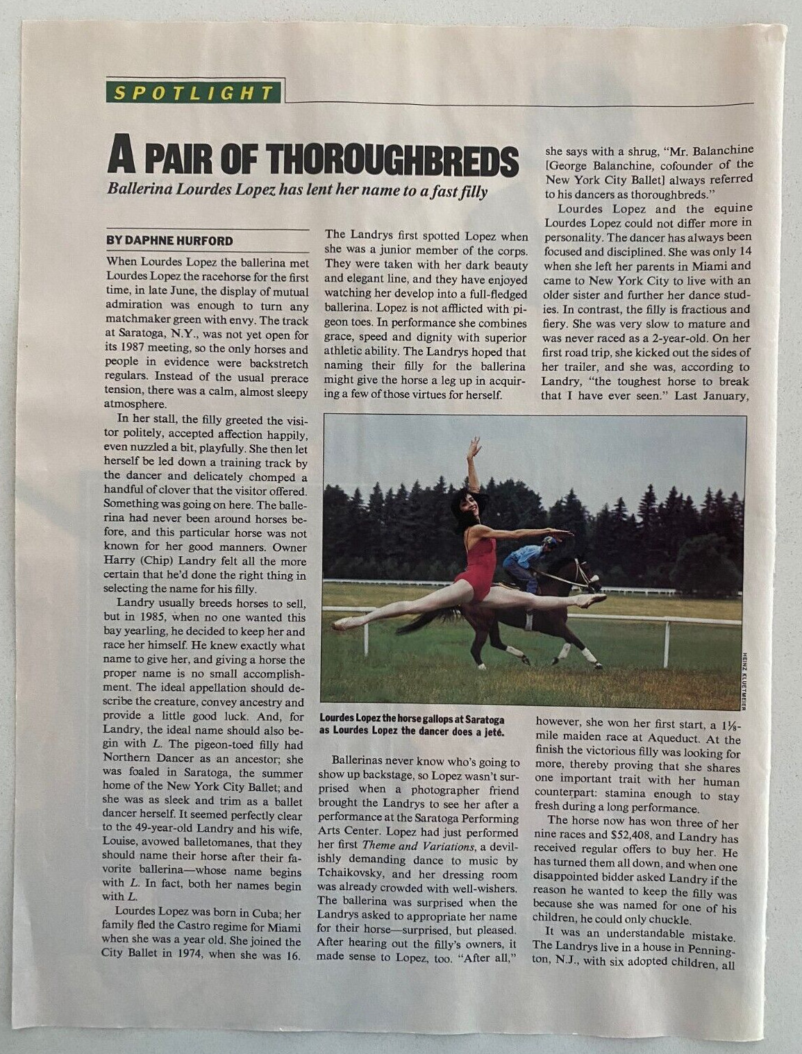 Lourdes Lopez the Racehorse & Ballerina Saratoga, NY Vintage 1987 SI Mag Article