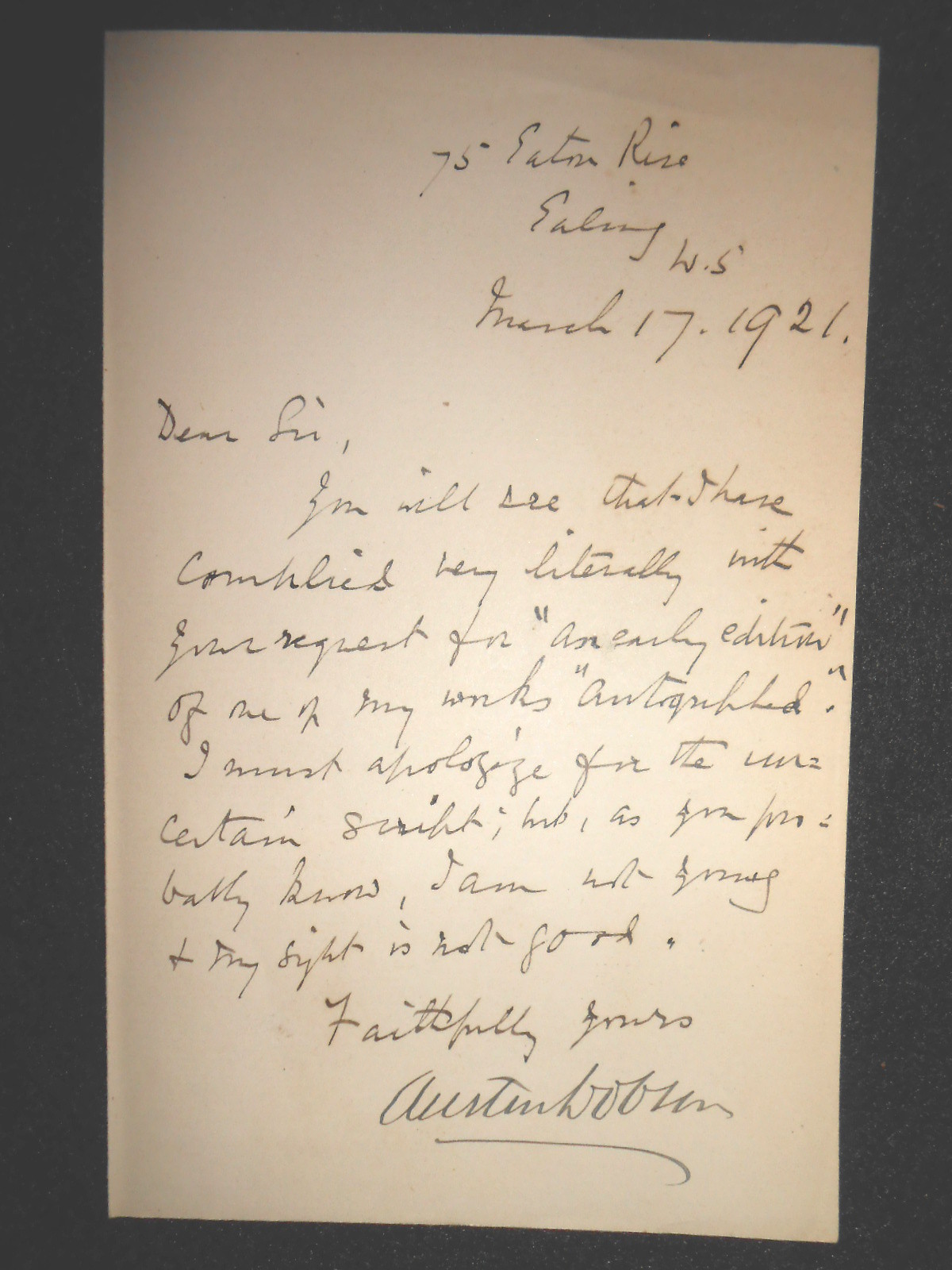 ALS  Hand Written Signed Letter (Henry) AUSTIN DOBSON - Author (1840-1921) 1921