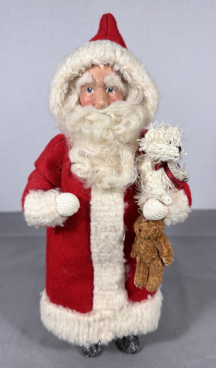 Handmade Artisan Santa Claus Figure with Teddy Bears Wool Beard 11” Folk Art