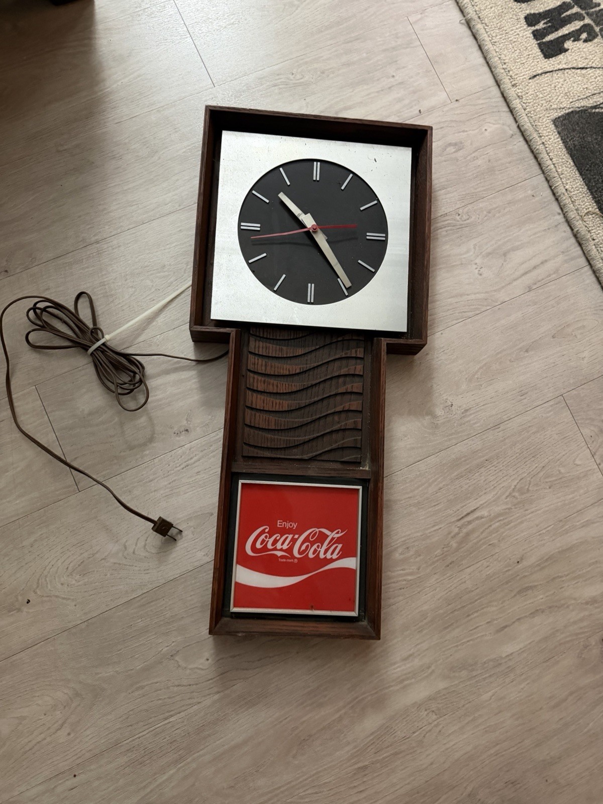 Vintage 70s Enjoy Coca-Cola Wall Clock Wood Case Square Face Red Panel