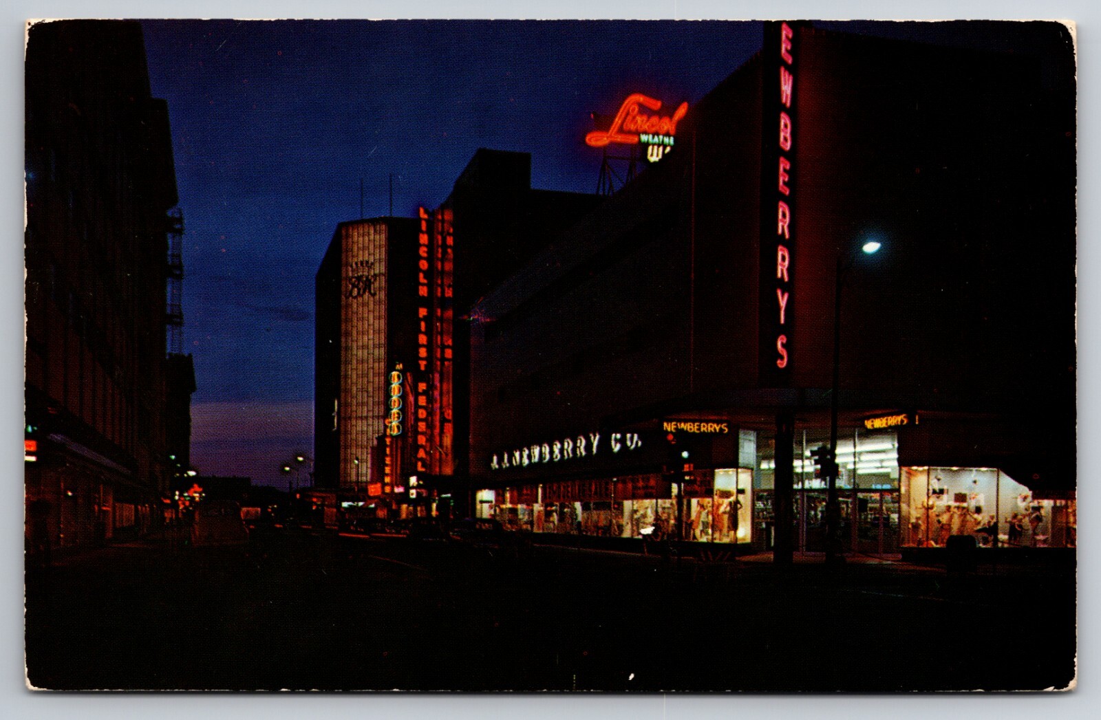 North on Wall Street Spokane Washington Newberry\'s at Night c1960 Postcard