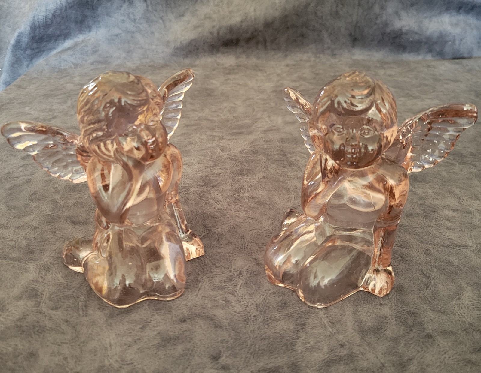 Vintage Pressed Pink Glass Sitting Cherub Angel Candlestick Holders-Set of 2