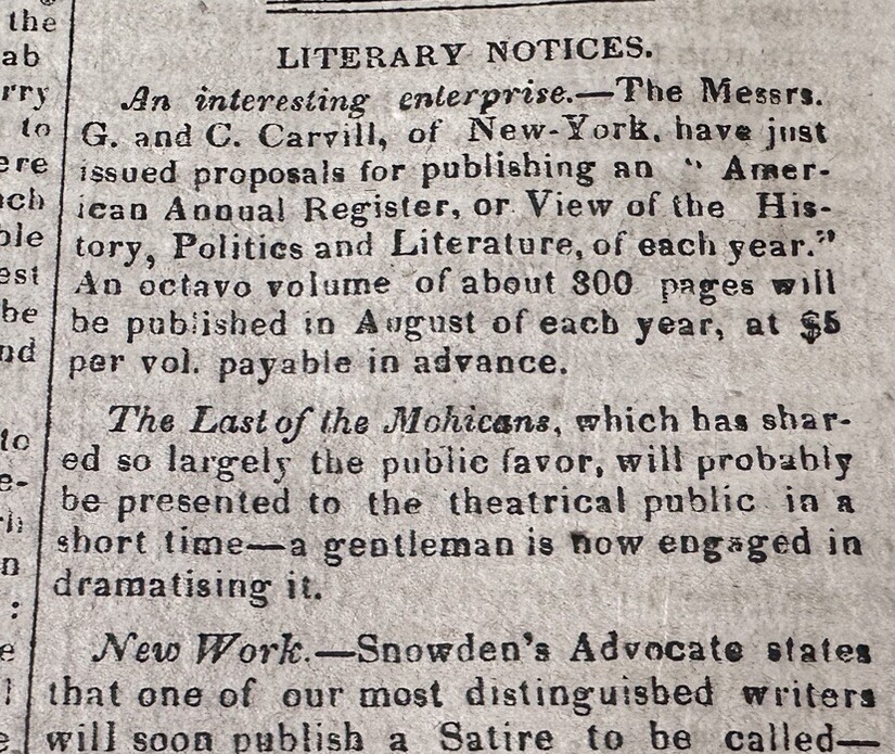 1826 Last Of The Mohicans Literary Notice, Slave Emancipation Proposal Newspaper