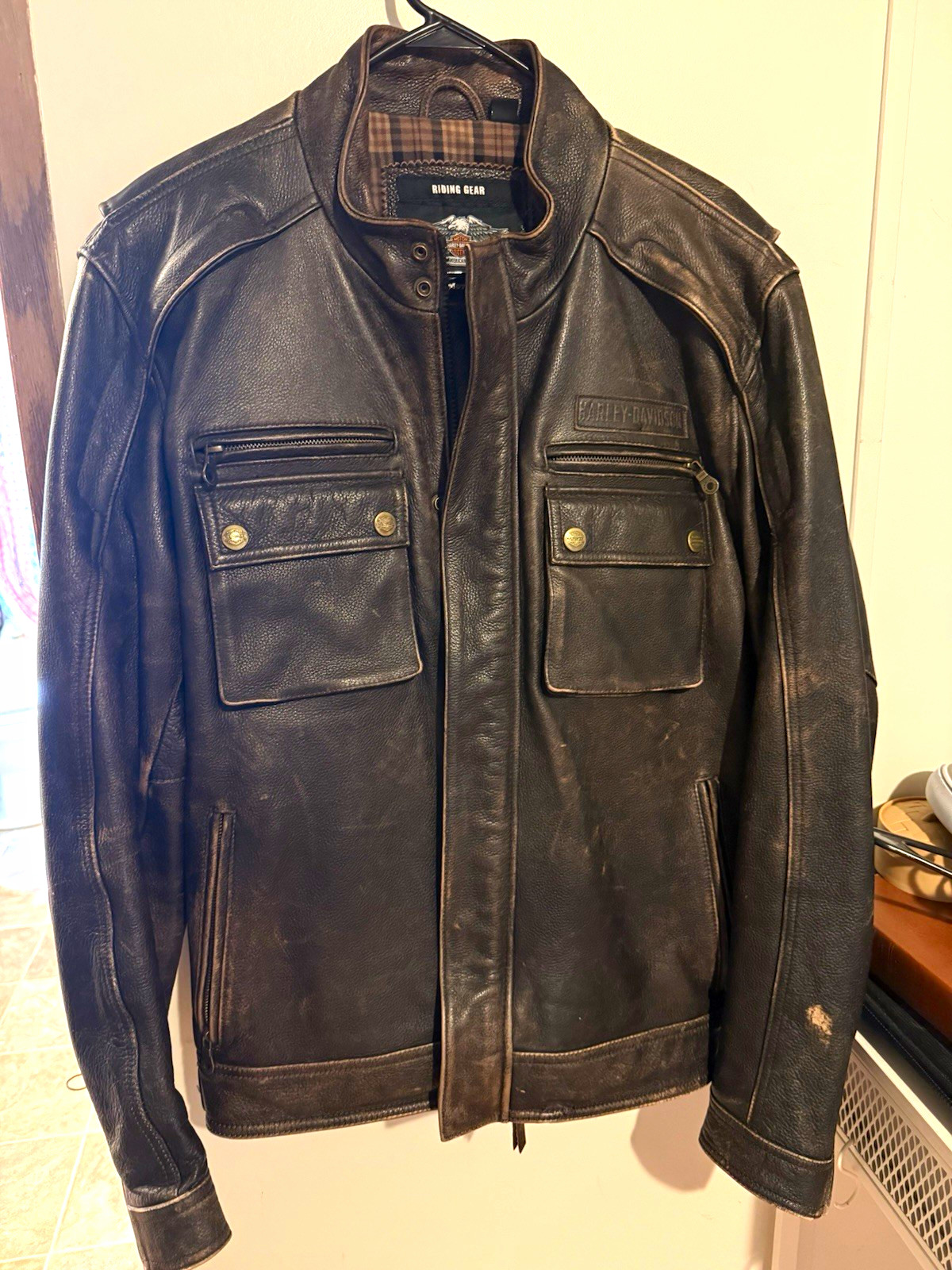 Harley-Davidson Genuine Motorclothes Brown age Plaid Lined Leather Jacket XL