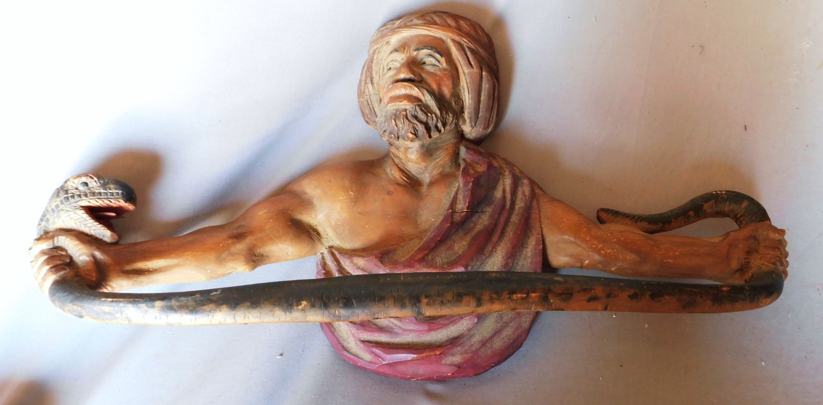 Antique Carved Wood Figural Towel Rack Moorish Man Snake Polychrome Italy Venice