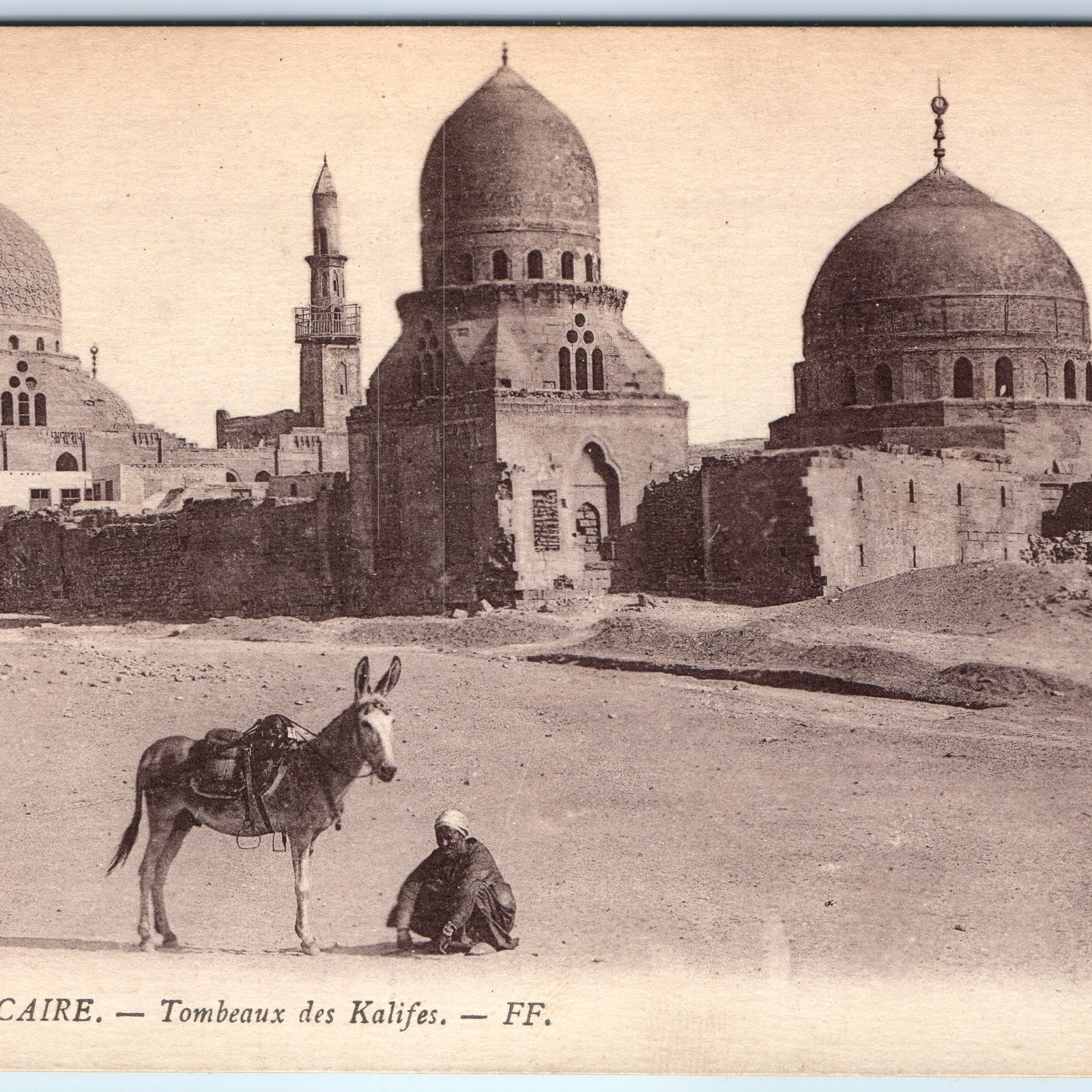 c1910s Cairo Egypt Tombs of the Kalifs Postcard Mosque Minaret Donkey Selecta