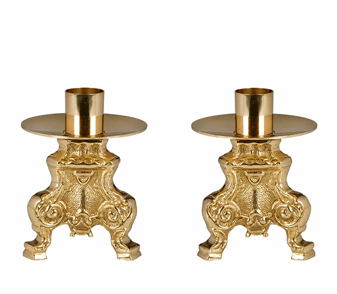 Small Ornate Brass Altar Candlestick Holders With Drip Plates 4.5